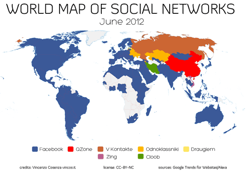 Карта популярності соціальних мереж (ілюстрація Vincenzo Cosenza). Україна «застрягла» в «Однокласниках»