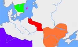 Оранжевим кольором показана територія розповсюдження Черняхівської культури, червоним - Вельбарської культури, з якою пов'язують готів 