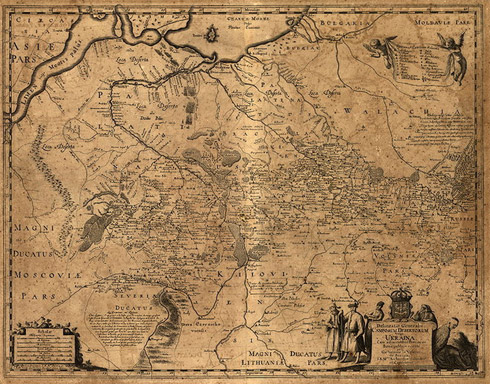 Мапа французького картографа Боплана 1648 року. Сучасна Росiя - це “Moskovie” (лiворуч), а Україна - це “Ukraina”
