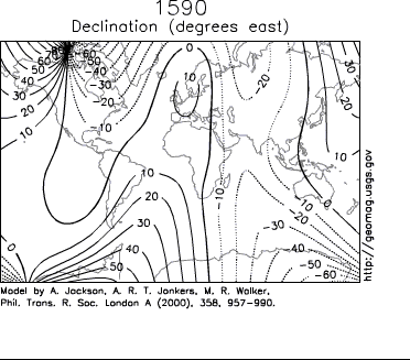 Зміна магнітного схилення Землі за 1590—1990 рр.